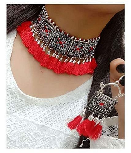 Oxidised Afghani Style Meenakari Touch Tassel with Cotton Threads Choker Necklace Set with Earrings Jewellery Set - Marron