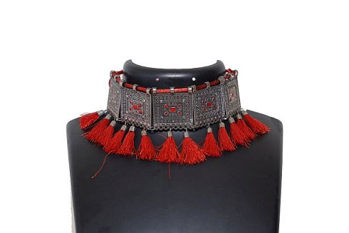 Oxidised Afghani Style Meenakari Touch Tassel with Cotton Threads Choker Necklace Set with Earrings Jewellery Set - Marron