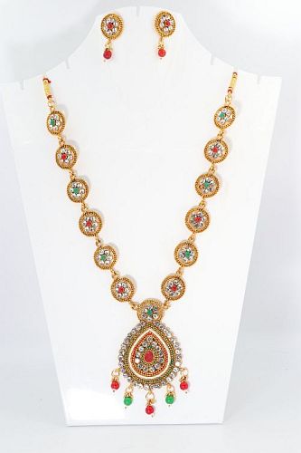 Long Pendent Multicolor Necklace Set With Earring - Multicolor
