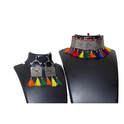 Meenakari Touch Tassel with Cotton Threads Choker Necklace Set with Earrings Jewellery Set for Women & Girls - Multicolor