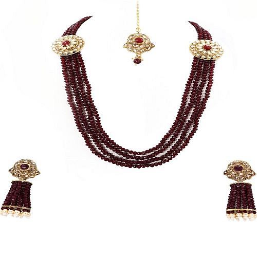 Long MultiLayered Necklace Set With Earrings and Mangtika - Maroon