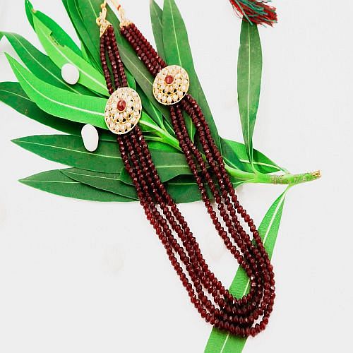 Long MultiLayered Necklace Set With Earrings and Mangtika - Maroon