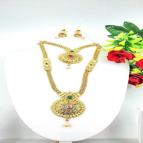Double Layered Long Necklace With Earrings - 