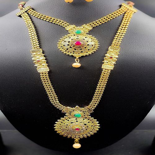 Double Layered Long Necklace With Earrings - 
