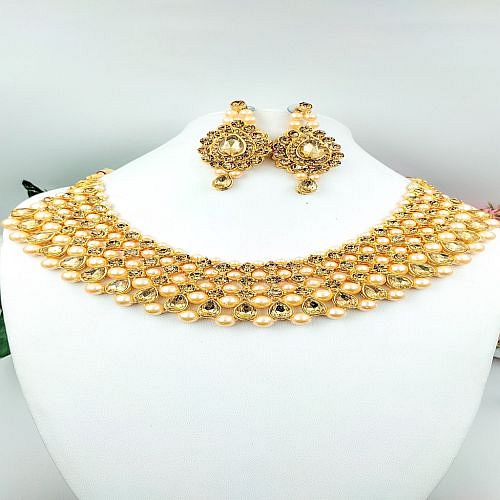 Traditional Pearl Choker Set With Earrings and Mangtika - Golden