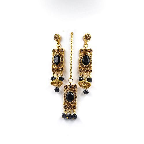 Crystal Choker Necklace Set With Earrings - Black