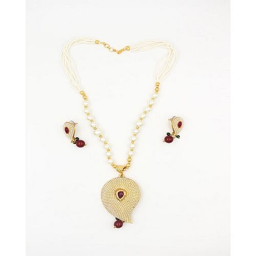 Classic Pearl Wedding Jwellery Long Necklace Set With Earrings - Golden