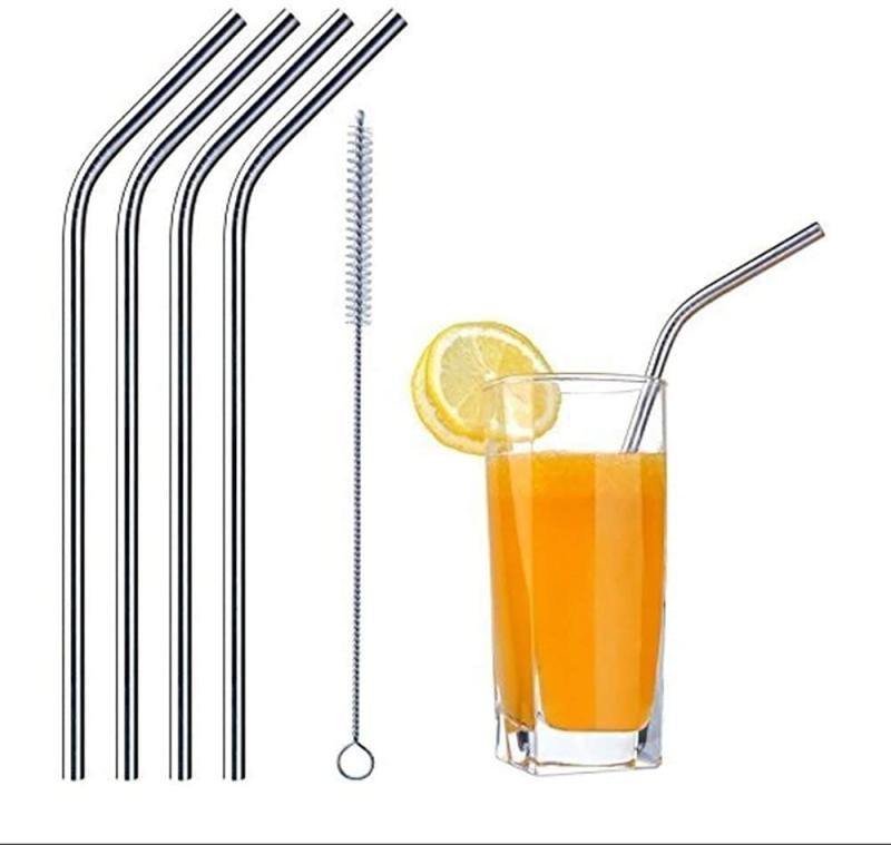 Reusable Steel Straws for Drinking Shakes, Juice and Smoothies | (Pack of 4 Bent Straw and 1 Brush) - 